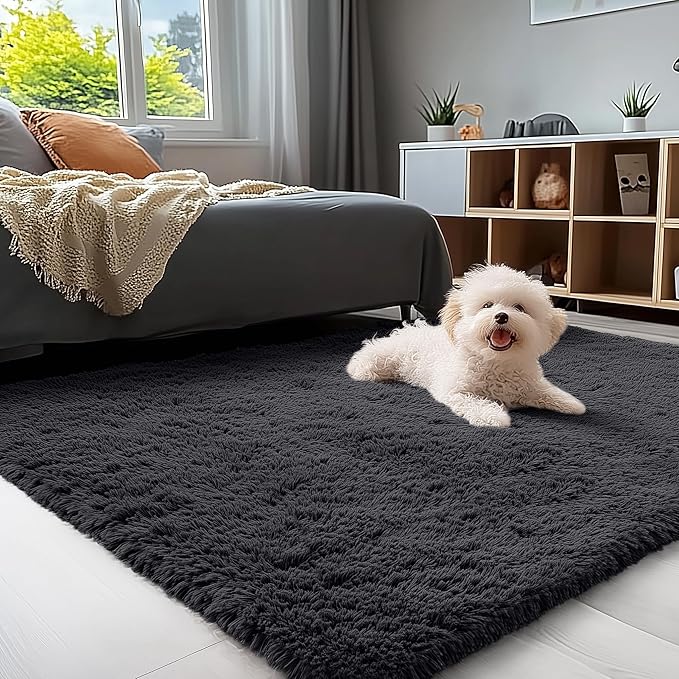 OLANLY 4x12 Area Rugs for Living Room Bedroom, Machine Washable Soft Fluffy Shaggy Bedside Rug, Indoor Floor Carpet for Kids Girls and Boys, Dorms, Nursery Rooms, Home Decor Aesthetic, Black