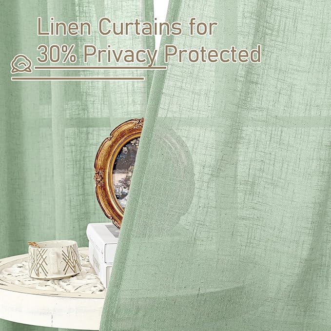 LAMIT Sheer Linen Curtains for Living Room, Back Tab and Rod Pocket Curtains Light Filtering Country Rustic Farmhouse Drapes for Bedroom/Farmhouse, 2 Panels, 52 x 102 Inch, Fresh Green