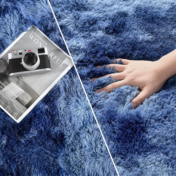 Deerhoo Large Shag Area Rugs 8 x 10, Plush Fuzzy Rugs for Living Room, Ultra Soft Fluffy Furry Rug for Bedroom, Indoor Carpet Nursery Rugs for Kids Room Home Decor, Tie-Dyed Navy Blue