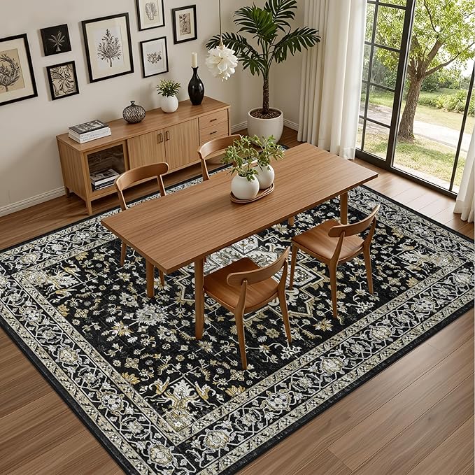 5x7 Area Rugs Living Room Rug: Washable Vintage Boho Medallion Rug No Slip Stain Resistant Soft Carpet Indoor Large Carpets for Bedroom Dining Room Farmhouse Nursery Hallway Home Office Black Gold