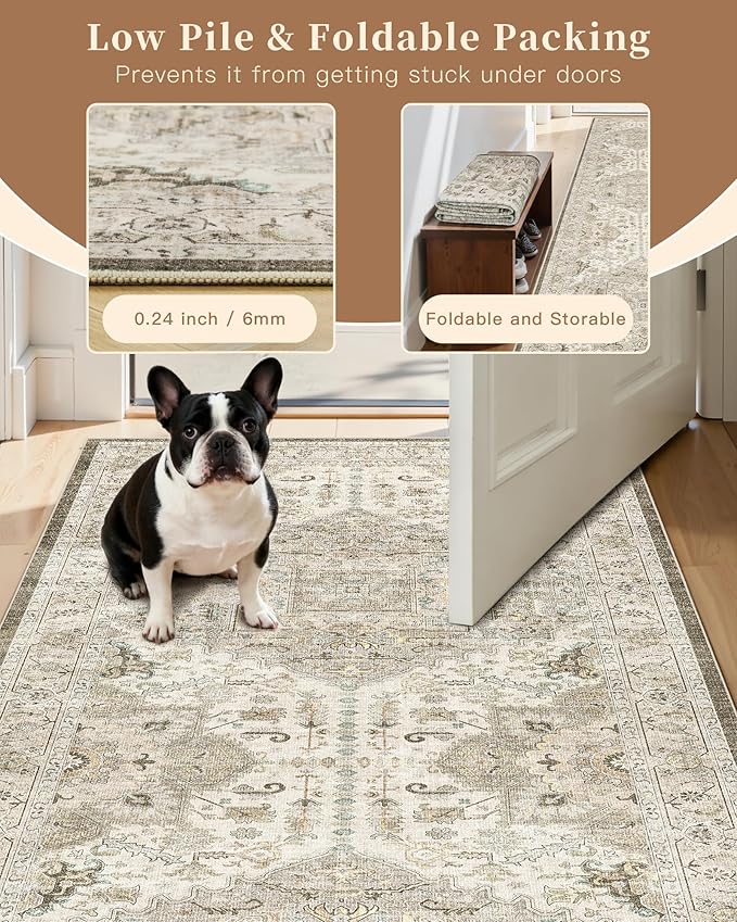 Madane Washable Runner Rug 2x6, Ultra-Thin Non-Slip Non-Shedding Hallway Runner, Stain Resistant Kitchen Mat Entryway Carpet Runner, Vintage Pet Friendly Low Pile Runners (2x6ft, Ivory/Brown)