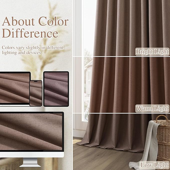 Guken Mocha Mousse 100% Blackout Linen Curtains 96 Inch Length 2 Panels Set for Living Room Bedroom Back Tab/Rod Pocket Thermal Insulated Farmhouse Black Out Drapes Room Darkening,52x96