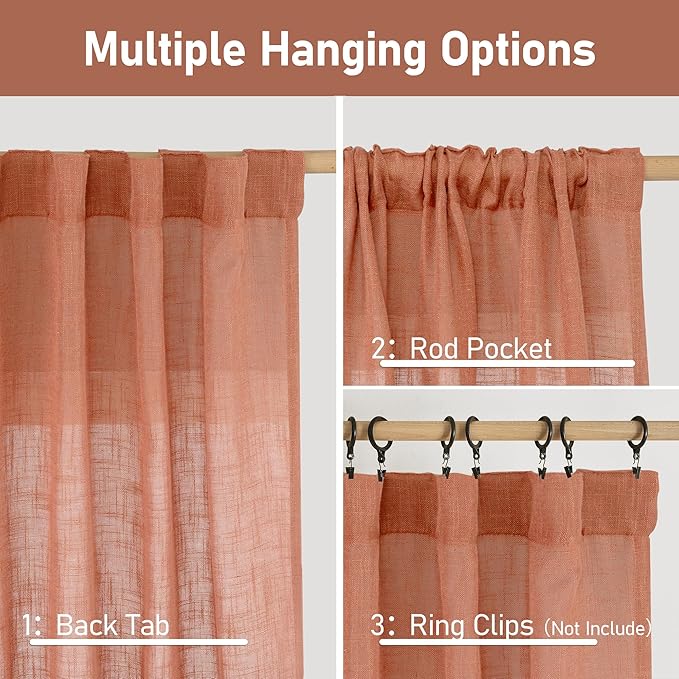 LAMIT Semi Sheer Linen Curtains 36 Inch Length 2 Panels, Light Filtering Panels Back Tab and Rod Pocket Neutral Drapes for Bathroom/Kitchen/Loft Room, Terracotta, 25 x 36 Inch