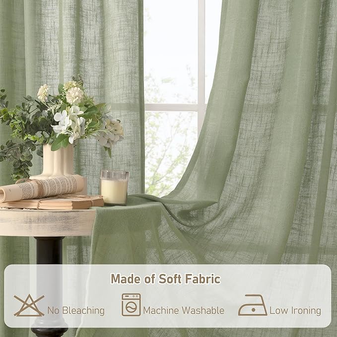 LAMIT Sage Green Light Filtering Linen Curtains 68 inches Long for Bedroom, Faux Linen Textured Semi Sheer Back Tab and Rod Pocket Boho Modern Drapes for Living Room/Farmhouse, 2 Panels, 52 x 68 Inch