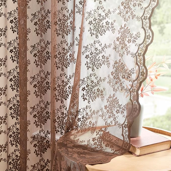 YJ YANJUN Vintage Lace Curtains 63 Inch Length-Victorian Floral Brown Sheer Curtain Panels for Living Room Bedroom,Light Filtering, Rustic Farmhouse Neutral Decor Set of 2 52W x 63L Espresso