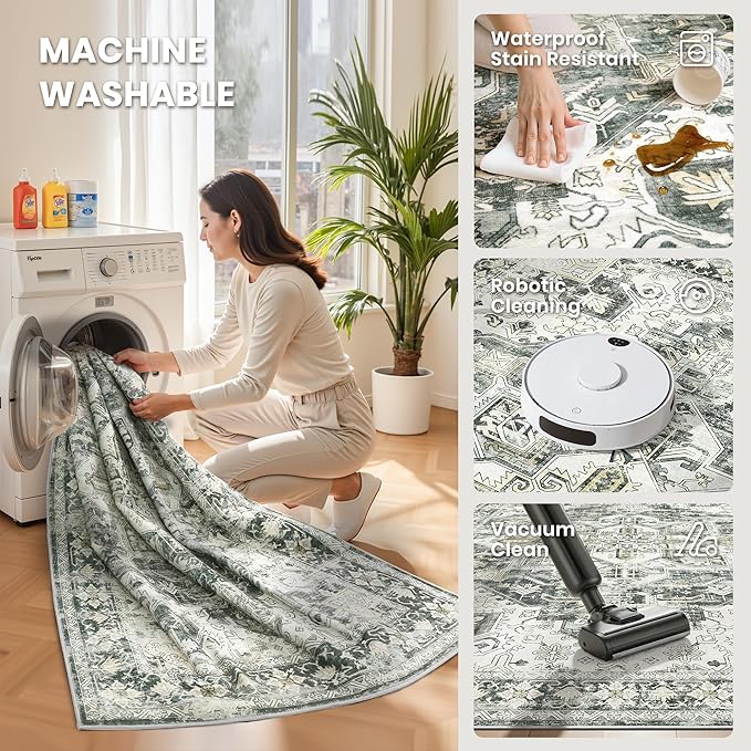 zesthome 5x7 Washable Rug-Stain Resistant Area Rugs for Living Room, Ultra-Thin Vintage Rugs, Non-Slip Backing Rug, Low Pile Large Area Rug, Boho Home Decor