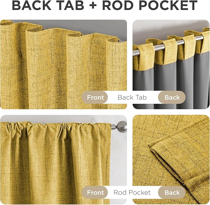 Joydeco Blackout Curtains for Bedroom - 100% Light Blocking 2 Panels Set Yellow Drapes 66"W x 108"L, Thermal Insulated Room Darkening Curtains, Linen Textured for Living Room, Rod Pocket & Back Tabs