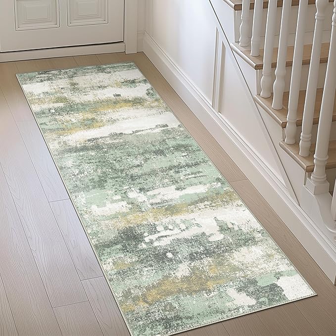 BEIMO Runner Rug for Hallway Kitchen, 2'6"x7' Machine Washable Runners Rug for Entryway, Soft Modern Abstract Throw Rugs, Low Pile Floor Cover with Non Slip Backing, Light Green