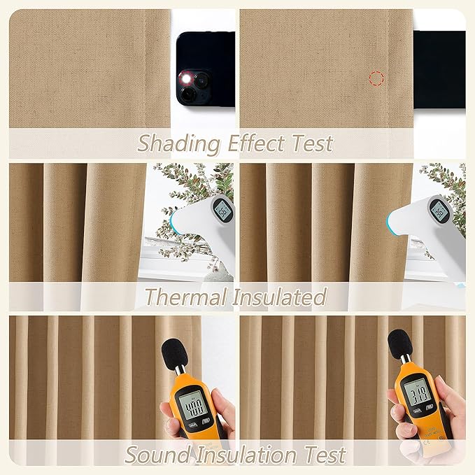 Guken Camel Brown 100% Blackout Linen Curtains 102 Inch Length 2 Panels Set for Living Room Back Tab Thermal Insulated Black Out Drapes Room Darkening Farmhouse Style for Bedroom Window Curtains