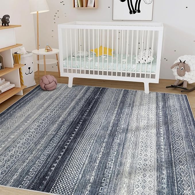 Nakagishi Area Rug Living Room Rugs: 7x10 Machine Washable Boho Large Neutral Farmhouse Stain Resistant Moroccan Indoor Floor Carpet for Bedroom Nursery Dorm Classroom Dining Room Home-Blue