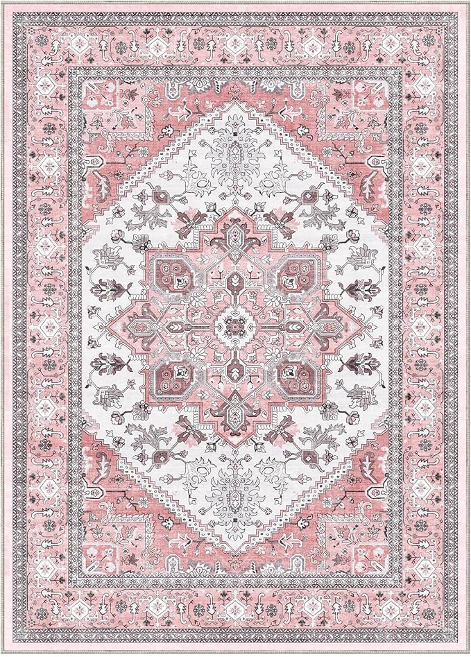OPPODREAM Soft 8x10 Area Rugs, Washable Rugs 8x10 with Non Slip Backing, Faux Cashmere Low-Pile 8 x 10 Carpet, Pink & Cream