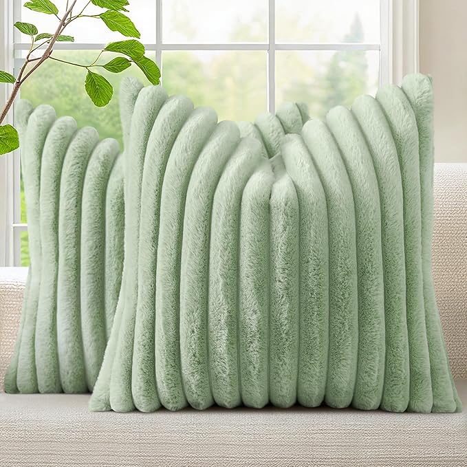 decorUhome Summer Cozy Faux Fur Throw Pillow Covers 22x22 Set of 2 Decorative Plush Striped Modern Farmhouse Boho Couch Euro Sham Pillow Cases with Velvet Back for Sofa Bed Living Room, Sage Green