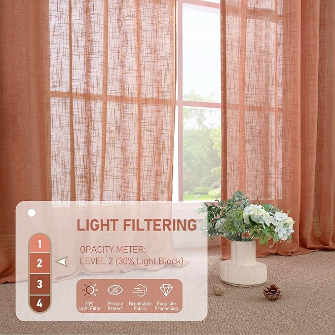 LAMIT Linen Semi Sheer Curtains 96 inches Long 2 Panels Set, Light Filtering Panels Back Tab and Rod Pocket Floor to Ceiling Curtains for Bedroom/Living Room, Terracotta, 52 x 96 Inch