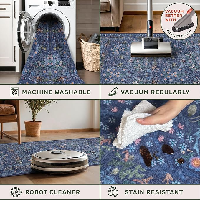 Hazo Haus Boho 8x12 Washable Dark Blue Rug for Living Room - Large Area Rug for Dining Room Under Table, Bedroom Under Bed, Vintage Floral Design, Low Pile & Soft Indoor Décor