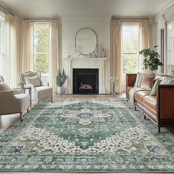 AMADA HOMEFURNISHING 10x14 Washable Area Rug, Low-Profile Large Area Rug with Non-Slip Backing & Durable Edge Binding, Vintage Large Rugs for Living Room, Bedroom & Dining Room