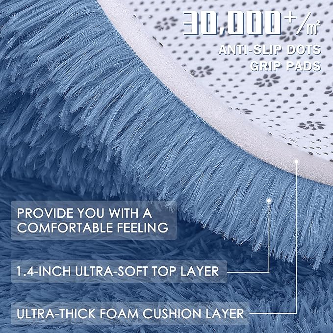 OLANLY 2x5 Machine Washable Runner Rugs for Hallway, Soft Fluffy Shaggy Bedside Rugs for Bedroom, Living Room, Indoor Floor Carpet for Kids Girls and Boys, Home Decor Aesthetic, Blue