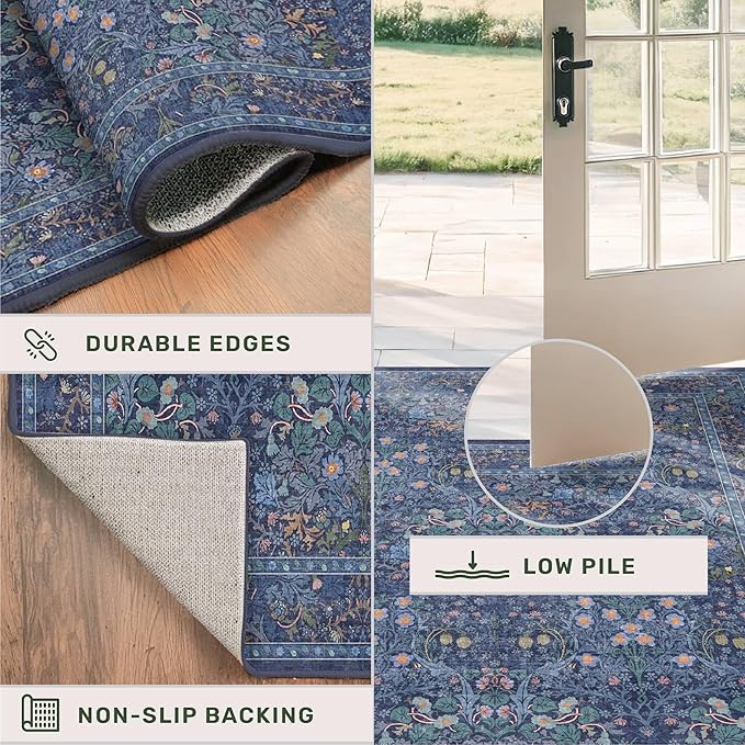 Hazo Haus Vintage Dark Blue Living Room Rug, 7x10 Washable Large Area Rugs for Bedroom, Dining Room Rugs Under Kitchen Table, Oriental Navy Blue Low Pile Stain Resistant Non-Slip