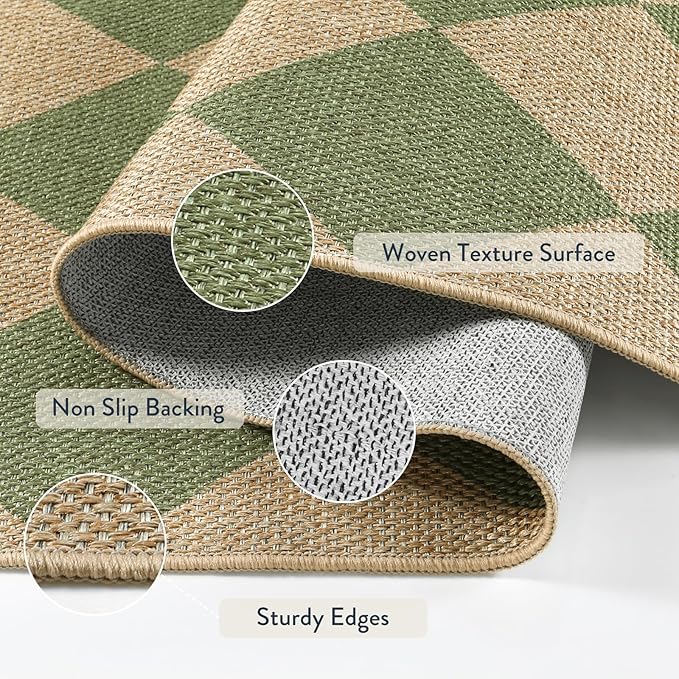 Lahome Colette Checkered Green Runner Rug, 2x8 Carpet Runners for Hallway 8ft Non Slip Entryway Rug, Farmhouse Checkerboard Non Shedding Kitchen Mats for Floor Laundry Corridor