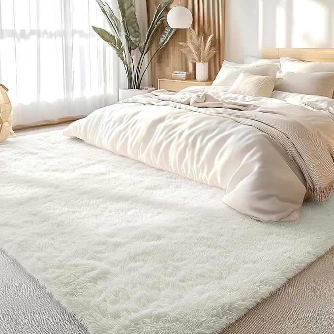 OLANLY 8x12 Machine Washable Large Area Rugs for Living Room, Bedroom, Soft Fluffy Shaggy Bedside Rug, Indoor Floor Carpet for Kids Girls and Boys, Dorms, Nursery, Home Decor Aesthetic, Ivory