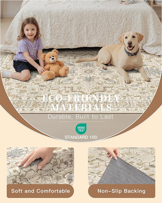 Madane Hallway Runner 3x8, Kitchen Rugs Washable Entryway Rug 8ft Vintage Kitchen Runners Non Slip Indoor Area Rug Farmhouse Carpet Runner for Bathroom Living Room Bedroom (3 X 8, Beige/Blue)