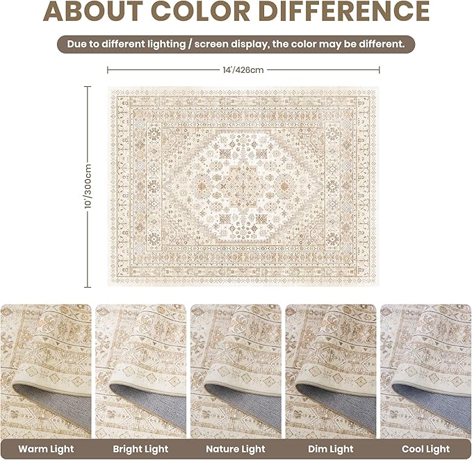 zesthome 10x14 Area Rugs,Stain Resistant Washable Rug,Ultra-Thin Rugs for Living Room,Bedroom,Non-Slip Backing Home Decor Large Area Rug (Cream/Beige,10'x14')