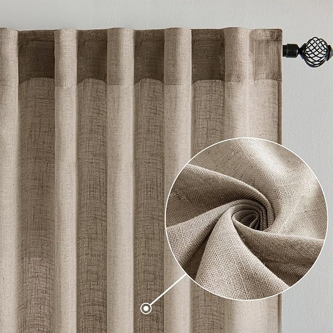 MIULEE Taupe Grey Linen Curtains 96 Inches Long 2 Panels for Bedroom Living Room, Soft Linen Textured Window Drapes Semi Sheer Light Filtering Back Tab Rod Pocket Farmhouse Modern Burlap Look Decor