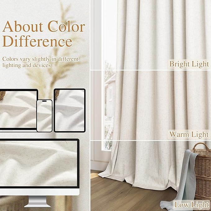 Guken Cream Linen Blackout Curtains 84 Inch Length 2 Panels Set for Living Room Bedroom Back Tab Thermal Insulated 100% Black Out Linen Drapes Room Darkening Window Curtains Ivory Natural