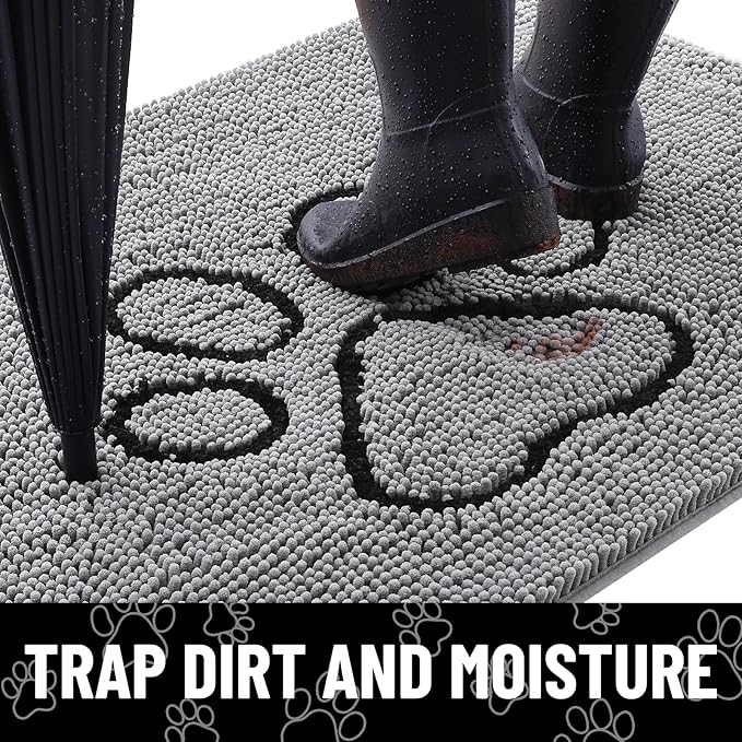 Smiry Dog Door Mat for Muddy Paws, Absorbent Dirt Trapper Non Slip Quick Dry Washable Chenille Mat for Mud Dogs, Entry Rug for Indoor and Outdoor (59x20 Inches, Grey and Black)