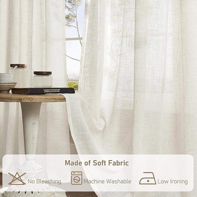 LAMIT Semi Sheer Linen Curtains 40 Inch Length for Cafe, Light Filtering Panels Back Tab and Rod Pocket Neutral Drapes for Bathroom/Kitchen, 25 x 40 Inch, Natural, 2 Panels
