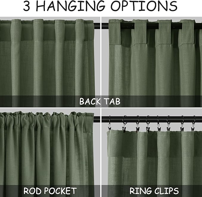 140 Inch Extra Long Curtain for Floor to Ceiling High Window Olive Green Linen Back Tab Curtains for Living Room Filtered and Breathable Semi Sheer Drapes Modern Farmhouse Boho Decor 52x140,2PCS
