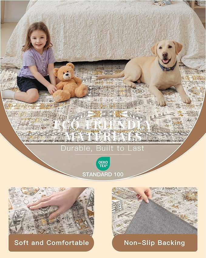 Madane Hallway Runner Rug 2'6''x10' Kitchen Runner, Non Slip Vintage Runners for Hallways Washable Kitchen Rugs Soft Low Pile 2.5x10 ft Rug Runner for Laundry Room, Entryway and Bedroom, Brown/Gold