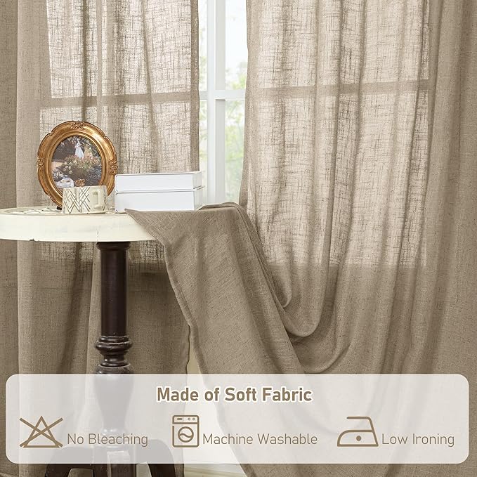 LAMIT Sheer Linen Curtains 63 Inch for Bedroom, Light Filtering Country Decor Semi Sheer Farmhouse Boho Curtains Back Tab and Rod Pocket Living Room Panels, Taupe, 2 Panels, 52 x 63 Inch