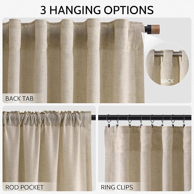 Nanspring Taupe Burlywood Curtains 72 Inches Long for Living Room Burlap Linen Textured Light Filtering Semi Sheer Curtains Back Tab Privacy Country Farmhouse Curtain for Bedroom 52x72, 2 Panels