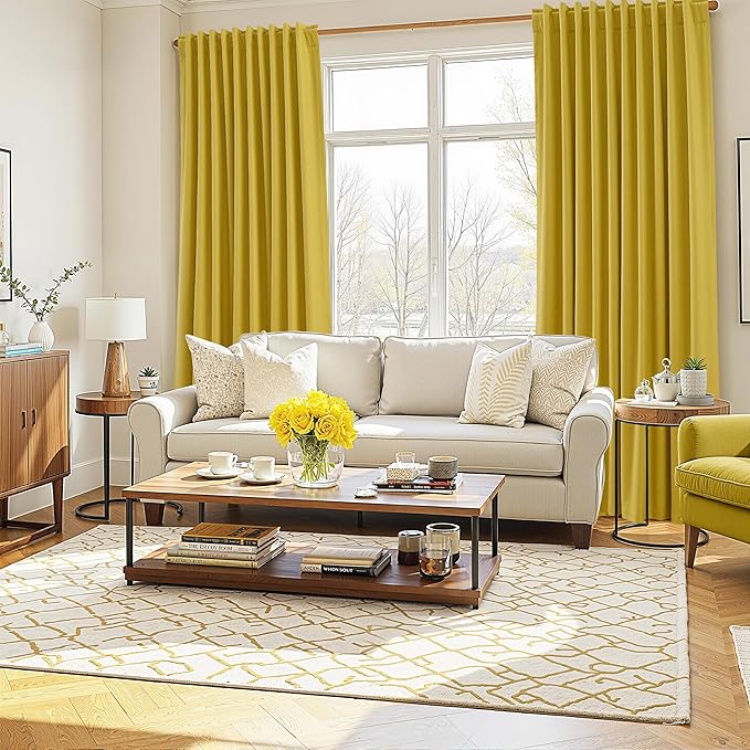 Guken 100% Blackout Curtains 90 Inch Length 2 Panels Set for Living Room Bedroom Back Tab Thermal Insulated Black Out Linen Drapes Room Darkening Celery Yellow,52x90
