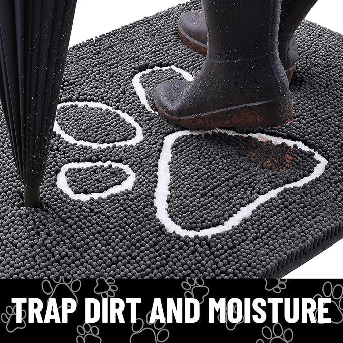 Smiry Dog Door Mat for Muddy Paws, Absorbent Dirt Trapper Non Slip Quick Dry Washable Chenille Mat for Mud Dogs, Entry Rug for Indoor and Outdoor (44x24 Inches, Dark Grey and White)