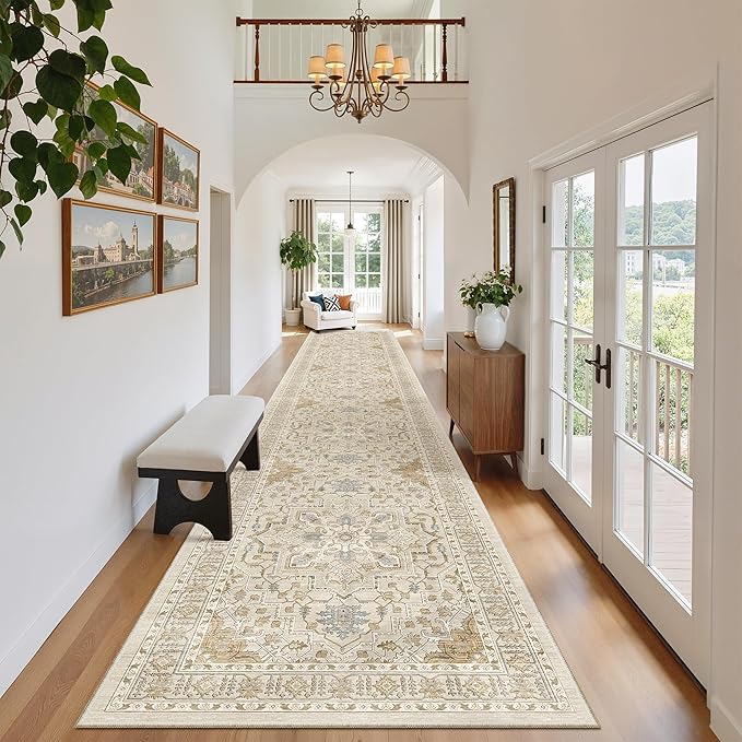 Madane Hallway Runner Rug 2'6''x14', Non Slip Vintage Runners for Hallways Washable Kitchen Rugs Soft Low Pile 2.5x14 ft Rug Runner for Laundry Room, Entryway and Bedroom, Beige/Blue