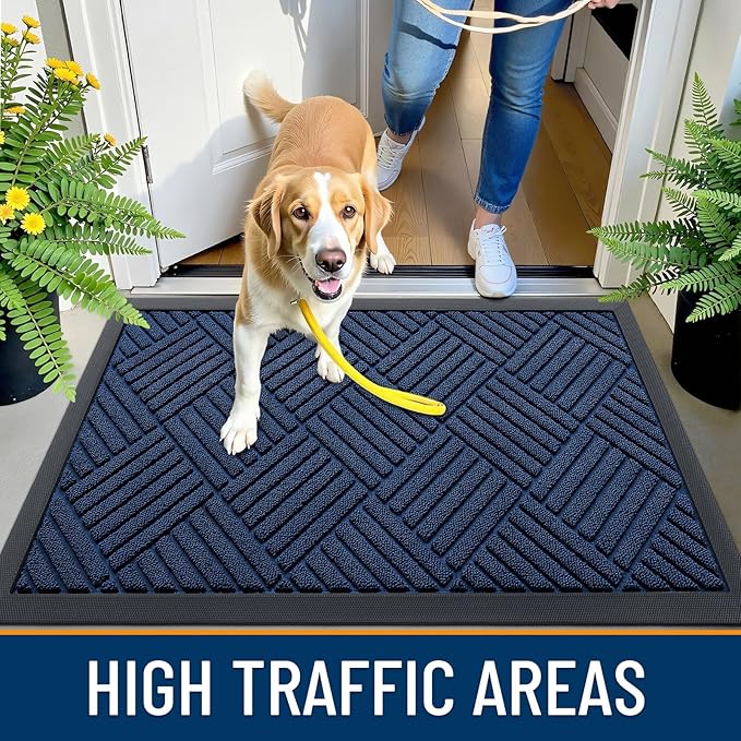 OLANLY Front Door Mat Outside Entrance 59x23, Absorbent, Heavy Duty Sturdy Natural Rubber Doormat Indoor Outdoor, Stain Fade Resistant, Non-Slip Low Profile Floor Mat for Entryway, Navy Blue Diamond