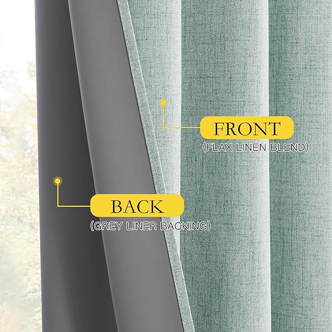 NICETOWN 100% Absolutely Blackout Linen Curtains with Thermal Insulated White Liner, Seafoam Green, 52" Wide, 72" Length Energy Saving Curtains for Living Room 2 Panels Set, Vertical Blinds