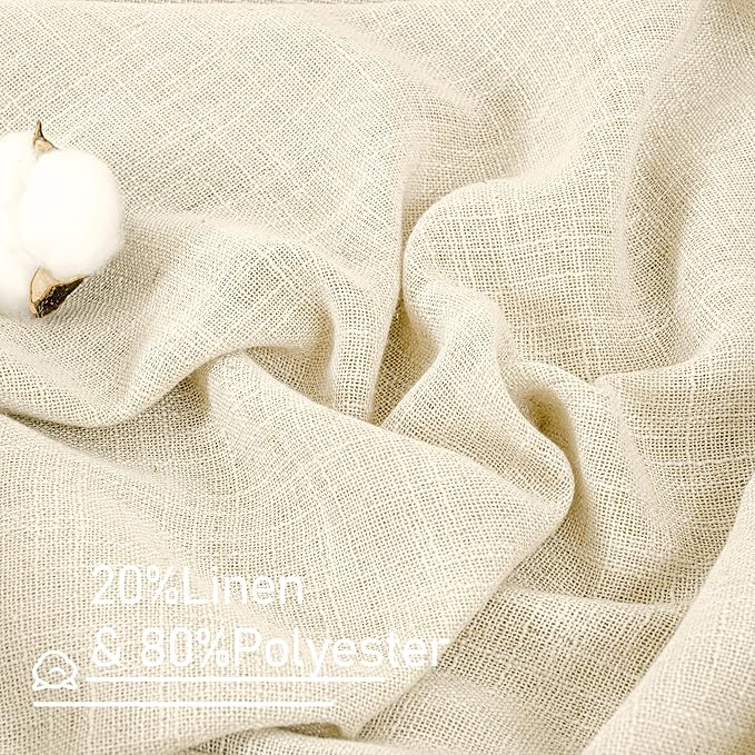 LAMIT Living Room Linen Curtains 90 Inch for Bedroom, Back Tab and Rod Pocket Linen Textured Sheer Curtains Light Filtering Boho Drapes for Farmhouse, 2 Panels, 52 x 90 Inch, Beige