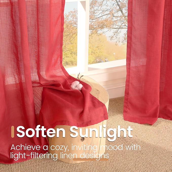 BGment Red Linen Curtains 84 Inch Length 2 Panels Set for Living Room, Window Drapes Lightweight Semi Sheer Textured for Farmhouse Bedroom with Rod Pocket, Each 42 Inch Wide