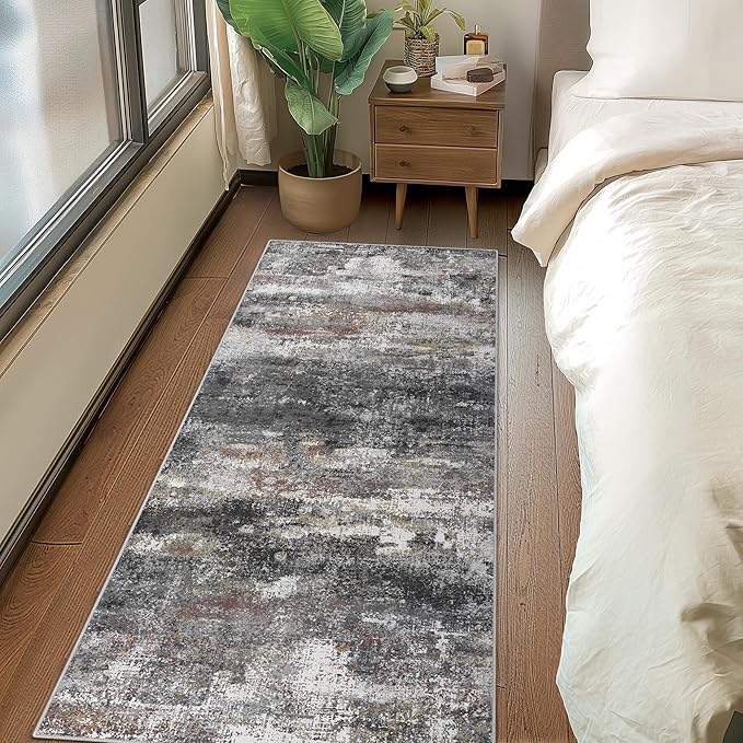 Runner Rug for Hallway Kitchen, 2x5 Machine Washable Runners Rug for Entryway, Soft Modern Abstract Throw Rugs, Low Pile Floor Cover with Non Slip Backing, Dark Gray