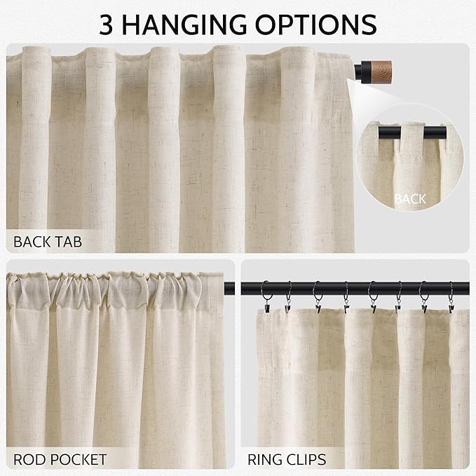 Linen Curtains 63 Inch Length for Living Room Modern Farmhouse Decor Light Filtering Semi Sheer Curtain Back Tab Neutral Luxury Rustic Burlap Coastal Drapes for Bedroom Office 52x63, 2 Panels