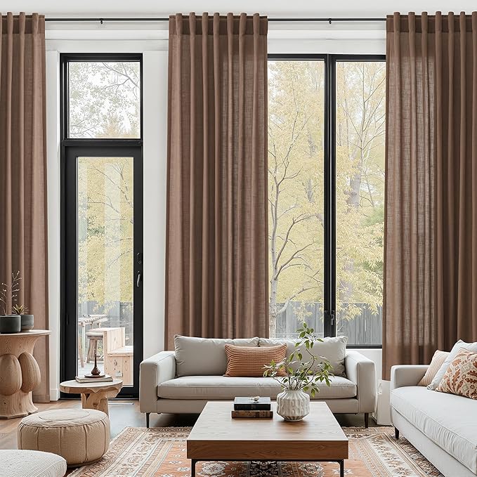 Caramel Brown Linen Curtains for Living Room Extra Long 126 Inches Long Back Tab Light Filtering Semi Sheer Curtain Vintage Rustic Decor Floor to Ceiling High Window for Bedroom 52x126, 2 Panels
