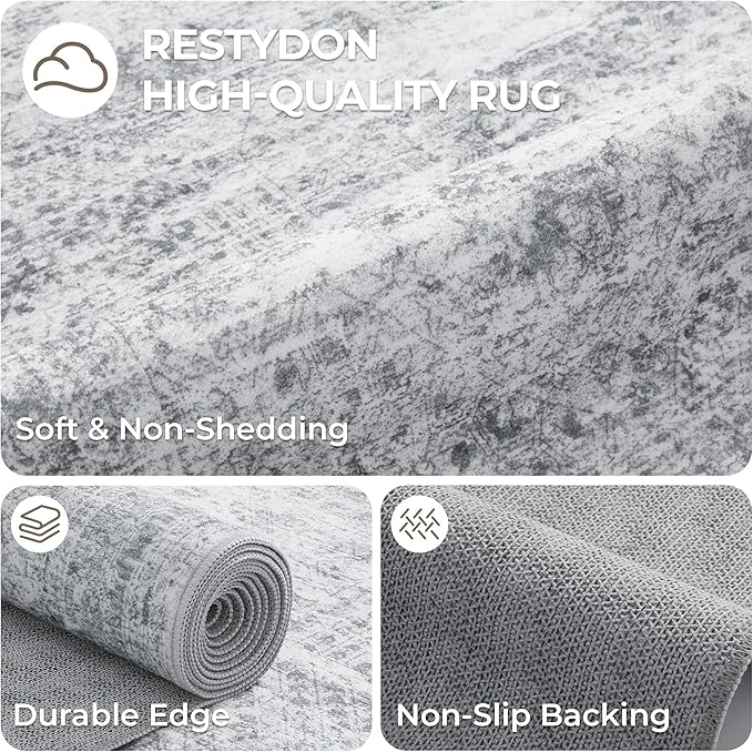 5x7 Area Rugs, Ultra-Thin Washable Rugs for Living Room, Anti-Slip Backing Area Rug for Bedroom, Soft Abstract Vintage Home Decor Rug for Dining Room(5'x7', Grey/Ivory)