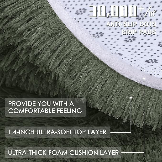 OLANLY Olive Green Round Rugs for Bedroom - Machine Washable, 9 ft Circle Area Rugs for Living Room, Soft and Fluffy Shaggy Carpet for Teen Girl and Boys, Nursery Rooms, Dorms, Home Decor Aesthetic