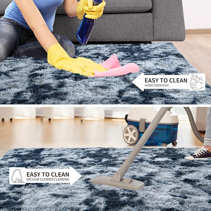Tepook Area Rugs 9x12 for Living Room, Super Soft Fluffy Rugs for Bedroom, Modern Shaggy Rug Fuzzy Carpets for Kids, Plush Indoor Nursery Home Decor Rug with Non-Slip Bottom, Tie-Dyed Blue and Grey