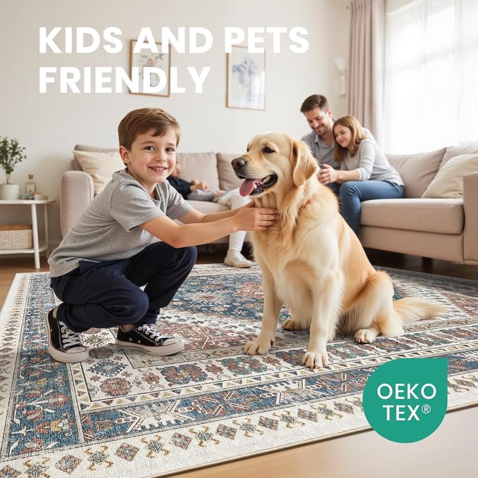 zesthome 5x7 Area Rugs - Ultra-Thin Washble Rug, Stain Resistant Anti Slip Backing Rugs for Living Room,Bedroom, Vintage Home Decor Area Rug (Navy Blue/Red,5'x7')