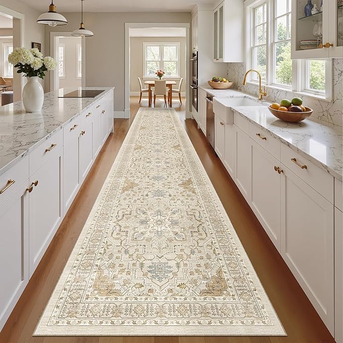 Madane Hallway Runner Rug 2'6''x14', Non Slip Vintage Runners for Hallways Washable Kitchen Rugs Soft Low Pile 2.5x14 ft Rug Runner for Laundry Room, Entryway and Bedroom, Beige/Blue