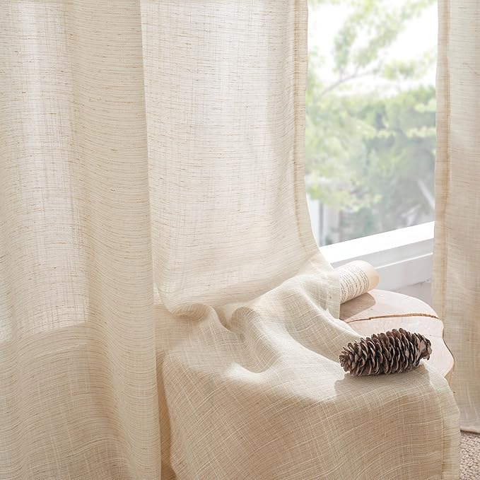 BGment Natural Linen Curtains 54 Inch Length for Short Windows, Burlap Drapes Semi Sheer Light Filtering with Rod Pocket Rustic Lightweight for Living Room, 2 Panels Set, 42 Inch Wide Each Panel