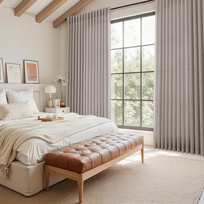 Nanspring Stone Grey Linen Curtains 90 Inches Long for Living Room Simple Modern Light Filtering Semi Sheer Curtain Back Tab and Rod Pocket Neutral Luxury Drapes for Bedroom Office 52x90, 2 Panels